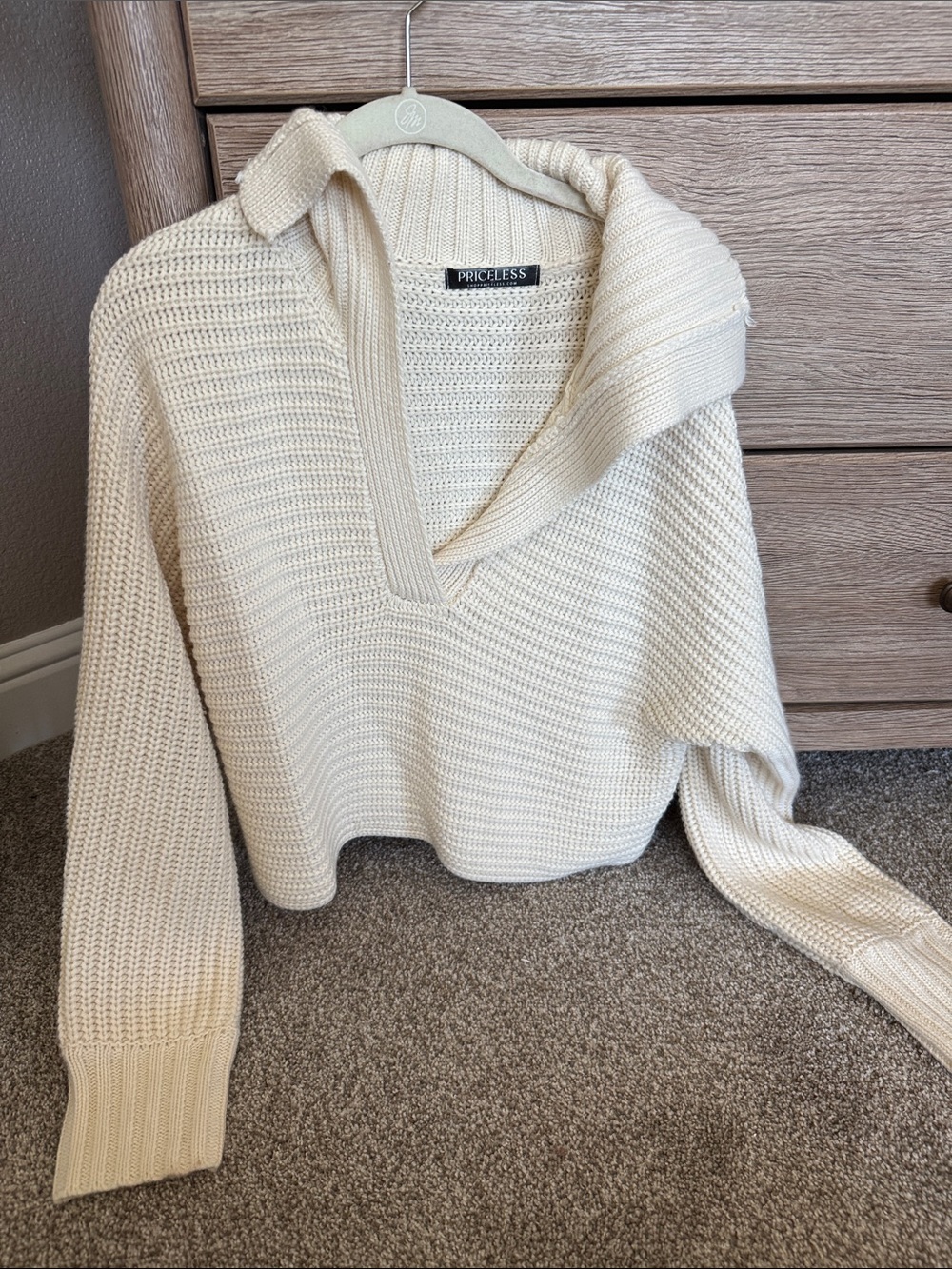 Priceless Cream Ribbed V-Neck Sweater